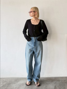 「RIM.ARK（リムアーク）のTuck rib knit CD タック リブ ニット カーディガン（カーディガン/ボレロ、ブラック系）」を使った、MariNakamuraさん（レディース・158cm）の春コーディネート