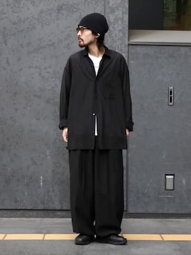 「Lui's（ルイス）のキュプラ混ビッグシャツ（シャツ/ブラウス、ブラック系）」を使った、イリザワさん（メンズ・168cm）の夏コーディネート