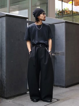 「Lui's（ルイス）のベルテッドダブルクロスバルーンカーブスラックスパンツ（スラックス、ブラック系）」を使った、イリザワさん（メンズ・168cm）の夏コーディネート