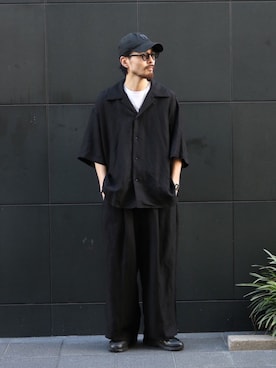 「Lui's（ルイス）のレーヨンリネンオープンカラーシャツ（シャツ/ブラウス、ブラック系）」を使った、イリザワさん（メンズ・168cm）の春コーディネート