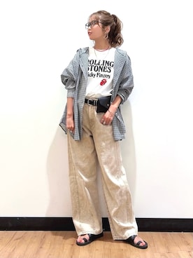 「Right-on（ライトオン）のHONEYSUCKLE ROSE(ハニーサックルローズ)シアーチェックフードシャツ（シャツ/ブラウス、ホワイト系）」を使った、Natsu☆さん（レディース・157cm）の春コーディネート