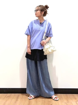 「Right-on（ライトオン）のHONEYSUCKLE ROSE(ハニーサックルローズ)【サマスウェ】ヘンリードルマンプルオーバー（その他トップス、ブルー系）」を使った、Natsu☆さん（レディース・157cm）の夏コーディネート