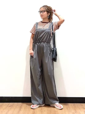 「Right-on（ライトオン）のHONEYSUCKLE ROSE(ハニーサックルローズ)マルチボーダータイトＴシャツ（Tシャツ/カットソー、オレンジ系）」を使った、Natsu☆さん（レディース・157cm）の夏コーディネート