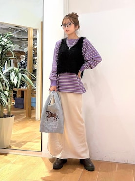 「HONEYSUCKLE ROSE（ハニーサックルローズ）の《体型カバー》マルチボーダーロンTシャツ（Tシャツ/カットソー、パープル系）」を使った、Natsu☆さん（レディース・157cm）の秋コーディネート