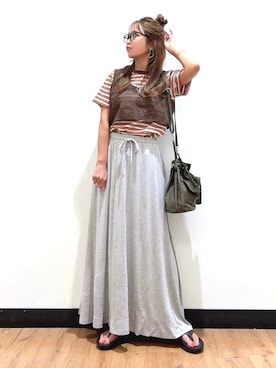 「BACK NUMBER（バックナンバー）のBACK NUMBER(バックナンバー)シアー刺繍ビスチェ（ベスト、ブラウン系）」を使った、Natsu☆さん（レディース・157cm）の春コーディネート