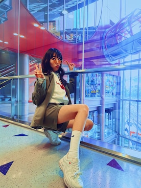 「ZARA（ザラ）のE.T.のプリントやねん🧡（パーカー、ホワイト系）」を使った、Natsuさん（レディース・170cm）の夏コーディネート