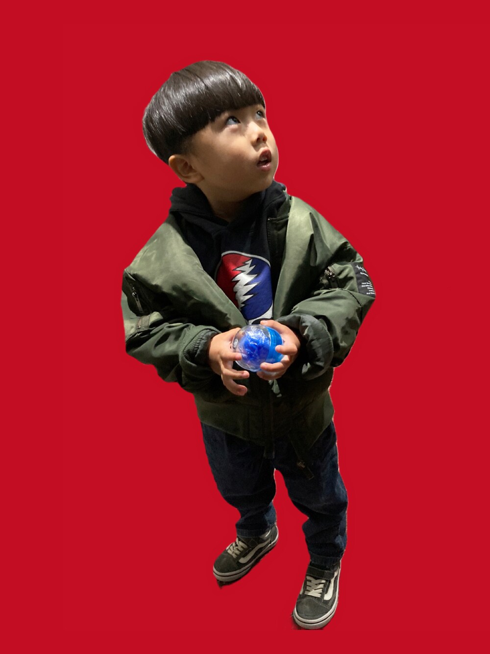 「パーカー、MA-1、シェフパンツ、gu×undercover」｜「Grateful Deadの【GRATEFUL DEAD×MARKEY'S/グレイトフルデッド】裏毛パーカー（90～150cm）（パーカー、ブラック系）」を使った、kcnskさん（キッズ・100cm）の冬コーディネートの1枚目の写真