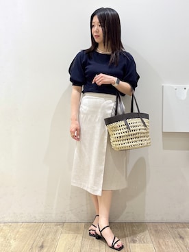 「index（インデックス）の【接触冷感】クールタッチラップスリーブニット《UVケア/洗濯機OK/XS～3L/9col》（ニット/セーター、ブルー系）」を使った、mameさん（レディース・154cm）の夏コーディネート