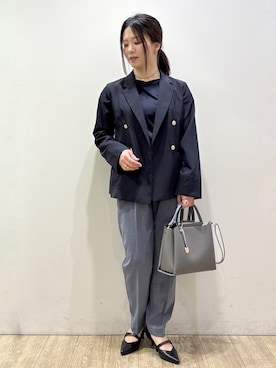 「index（インデックス）の《再入荷》ダブルブレストテーラードジャケット【接触冷感／吸水速乾／イージーアイロン／防シワ／洗濯機OK】（休閒西裝、ブルー系）」を使った、mameさん（レディース・154cm）の夏コーディネート