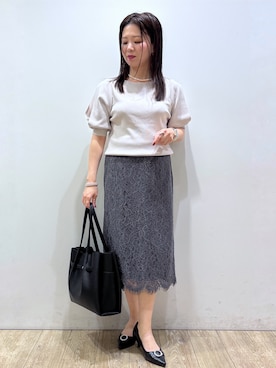 「index（インデックス）の【接触冷感／UVケア】クールタッチラップスリーブニット《洗濯機OK／XS～3L／9col》（ニット/セーター、ベージュ系）」を使った、mameさん（レディース・154cm）の夏コーディネート