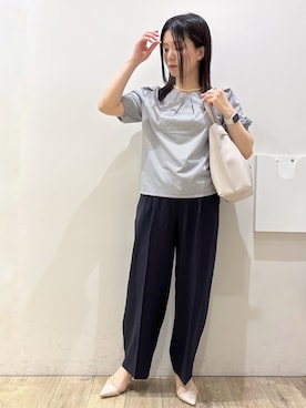 「index（インデックス）の【吸水速乾】ストライプ調デザインスリーブトップス《洗濯機OK》（Tシャツ/カットソー、グレー系）」を使った、mameさん（レディース・154cm）の夏コーディネート