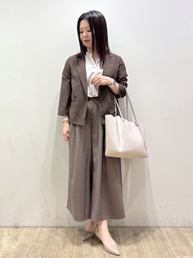 「index（インデックス）の【接触冷感／防シワ】ひんやり7分袖テーラードジャケット《洗濯機OK》（休閒西裝、ブラウン系）」を使った、mameさん（レディース・154cm）の夏コーディネート