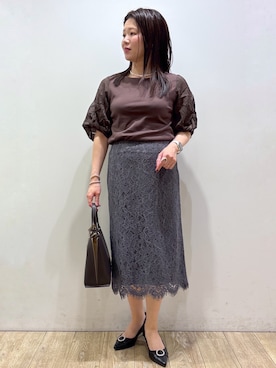 「index（インデックス）の【接触冷感／UVケア】ジャカードドッキングスリーブトップス《洗濯機OK》（Tシャツ/カットソー、ブラウン系）」を使った、mameさん（レディース・154cm）の夏コーディネート