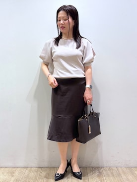 「index（インデックス）の【接触冷感／UVケア】クールタッチラップスリーブニット《洗濯機OK／XS～3L／9col》（ニット/セーター、ベージュ系）」を使った、mameさん（レディース・154cm）の夏コーディネート