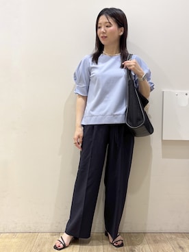 「index（インデックス）の【接触冷感】タックパフスリーブブラウス《吸水速乾／防シワ／洗濯機OK／XS～3L／6col》（シャツ/ブラウス、ブルー系）」を使った、mameさん（レディース・154cm）の夏コーディネート