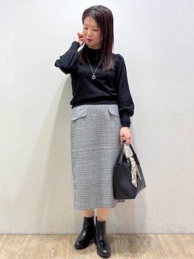 「index（インデックス）のカシミヤタッチハイネックニット【洗濯機OK／抗ピリング】（ニット/セーター、ブラック系）」を使った、mameさん（レディース・154cm）の秋コーディネート