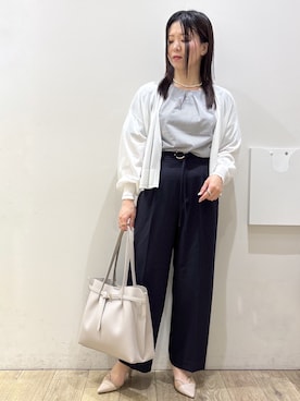「index（インデックス）の【吸水速乾】ストライプ調デザインスリーブトップス《洗濯機OK》（Tシャツ/カットソー、グレー系）」を使った、mameさん（レディース・154cm）の夏コーディネート