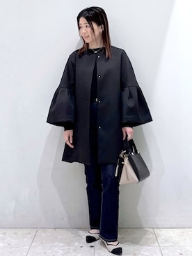 「アイテム（ノーカラーコート、ブラック系）」を使った、mameさん（レディース・154cm）の春コーディネート