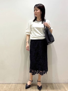 「index（インデックス）のフラワーレースタイトスカート【洗濯機OK】（スカート、ブルー系）」を使った、mameさん（レディース・154cm）の春コーディネート