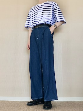 「GU（ジーユー）のスウェT(5分袖)(ボーダー)/XL（Tシャツ/カットソー、ブルー系）」を使った、ゆべしさん（メンズ・184cm）の夏コーディネート
