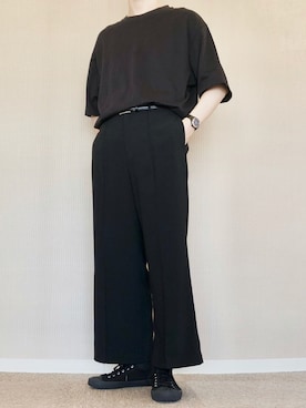 「UNIQLO（ユニクロ）のエアリズムコットンオーバーサイズTシャツ（5分袖）（Tシャツ/カットソー、ブラック系）」を使った、ゆべしさん（メンズ・184cm）の夏コーディネート
