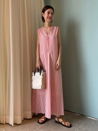 ノースリーブロングワンピース ピンクストライプ Amazon | ワンピース ノースリーブ ロング丈 M ピンク