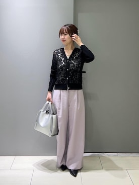 「le.coeur blanc（ルクールブラン）のチュール刺繍Vネックカーディガン（カーディガン/ボレロ、ブラック系）」を使った、Mayuriiさん（レディース・157cm）の春コーディネート