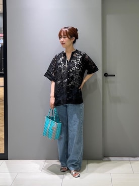 「アイテム（かごバッグ、ブルー系）」を使った、Mayuriiさん（レディース・157cm）の夏コーディネート
