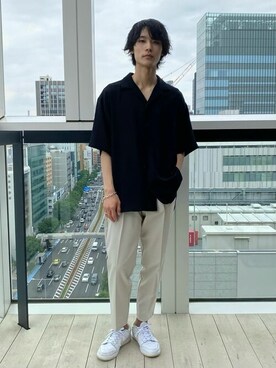 「A + TOKYO（エープラストウキョウ）のChill Out ショートスリーブシャツ（シャツ/ブラウス、ブラック系）」を使った、shotaさん（メンズ・175cm）の夏コーディネート