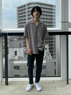 「A + TOKYO（エープラストウキョウ）のChill Out ショートスリーブシャツ（シャツ/ブラウス、グレー系）」を使った、shotaさん（メンズ・175cm）の夏コーディネート