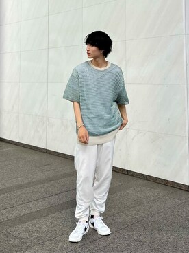 「A + TOKYO（エープラストウキョウ）の和紙メッシュハーフスリーブニットTEE（ニット/セーター、グリーン系）」を使った、shotaさん（メンズ・175cm）の夏コーディネート