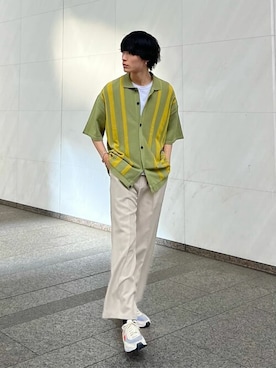 「A + TOKYO（エープラストウキョウ）のマルチストライプニットシャツ（ニット/セーター、グリーン系）」を使った、shotaさん（メンズ・175cm）の夏コーディネート