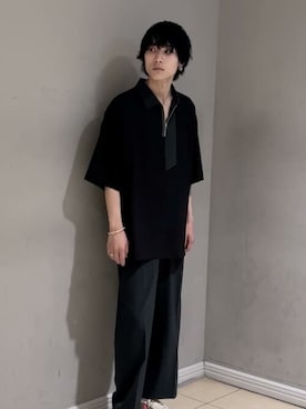 「A + TOKYO（エープラストウキョウ）のReflaxデザインハーフジップシャツ（シャツ/ブラウス、ブラック系）」を使った、shotaさん（メンズ・175cm）の夏コーディネート