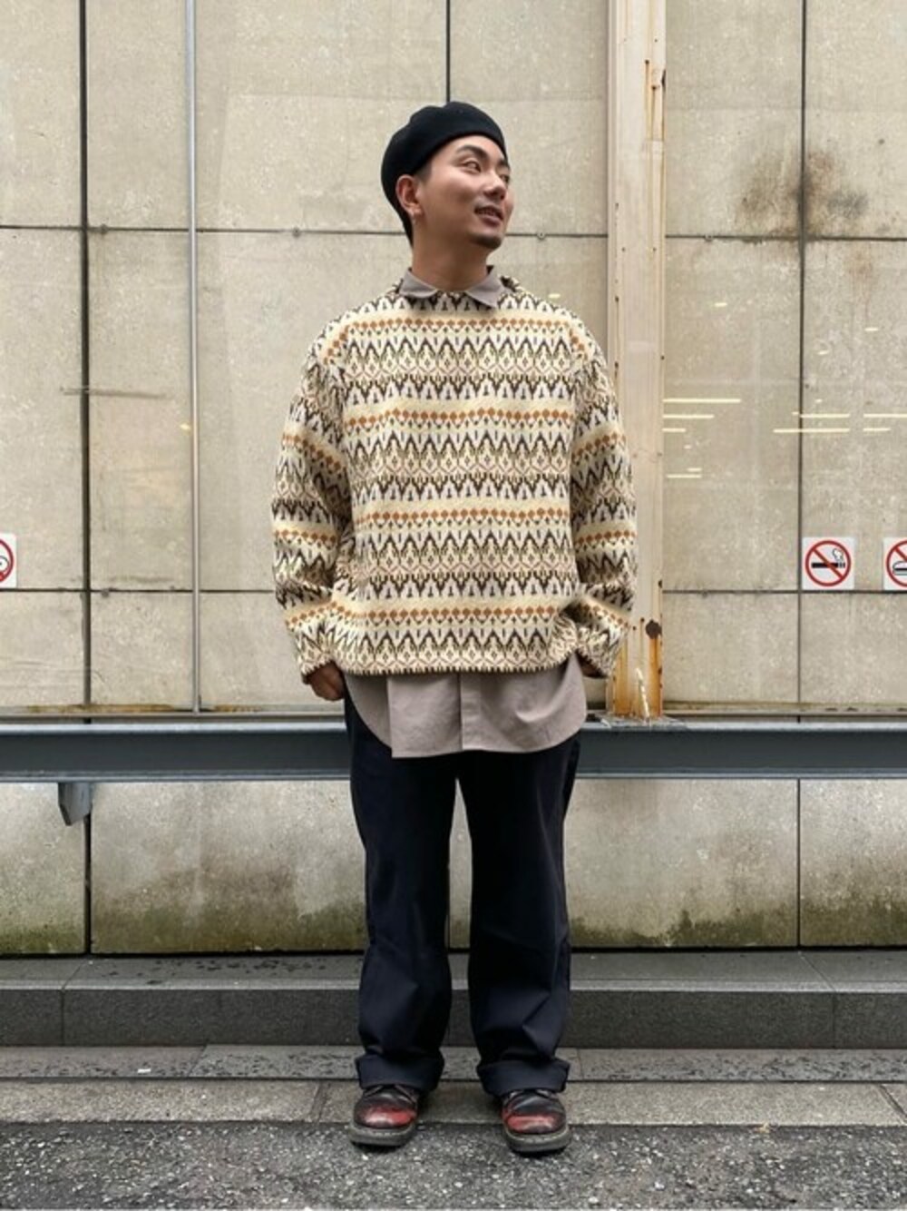 「ニット、カジュアル、ベージュ、リーバイス、Levi's、カジュアルコーデ、秋コーデ」｜「Levi'sのLevi's/リーバイス LEVI'S(R) VINTAGE CLOTHING ボートネックセーター（ニット/セーター、グリーン系）」を使った、リーバイス STAFF MENさん（メンズ・168cm）の冬コーディネートの1枚目の写真