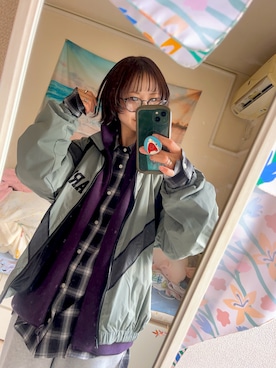 「アイテム（その他アウター、パープル系）」を使った、akipomさん（レディース・158cm）の秋コーディネート