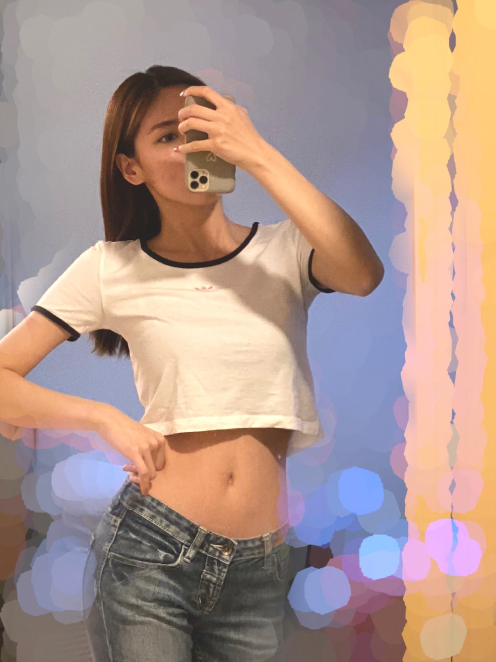 「デニム、夏コーデ、ローライズ、y2k、シンプル、パンツスタイル、おしゃれさんと繋がりたい、デニムコーデ、デニムパンツ、Tシャツ、古着、古着MIX、いいね、save、フォローお願いします🤑、モデル、onepiece」｜「adidasの【adidas / アディダス】クロップトップ ワンポイントリンガーTシャツ（Tシャツ/カットソー、ホワイト系）」を使った、𝐦𝐚𝐧𝐚𝐩𝐢𝐲𝐨さん（レディース・164cm）の夏コーディネートの1枚目の写真