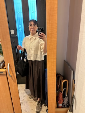 「IENA（イエナ）のタフタトリミングスカート（スカート、ブラウン系）」を使った、まろんさん（レディース・160cm）の秋コーディネート