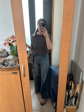 「IENA（イエナ）の《追加4》ラウンドテールプルオーバー（Tシャツ/カットソー、ブラウン系）」を使った、まろんさん（レディース・160cm）の夏コーディネート