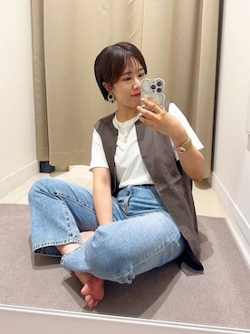 「アイテム（ベスト、ブラウン系）」を使った、おまゆさん（レディース・159cm）の夏コーディネート