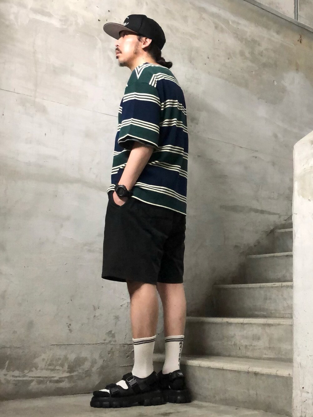 グリーン系のTシャツ/カットソー、ブラック系のサンダル、ブラック系のキャップを着用したメンズの夏コーディネートの1枚目の写真