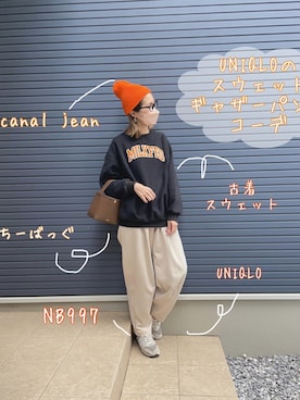 「スウエットパンツ」｜「アイテム（ニットキャップ/ビーニー）」を使った、mikippeさん（レディース・169cm）の冬コーディネート