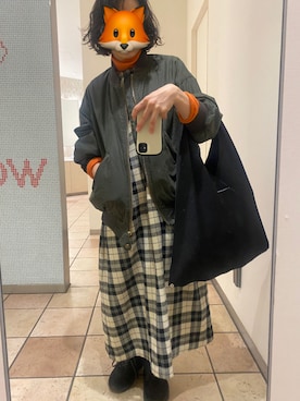 「チェックワンピース」｜「アイテム（ブルゾン）」を使った、いきこさん（レディース・156cm）の冬コーディネート