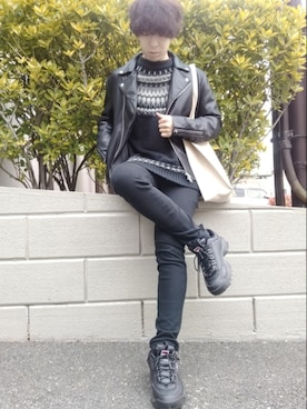 「tk.TAKEO KIKUCHI（ティーケータケオキクチ）のアイテム（ライダースジャケット）」を使った、湧さん（メンズ・166cm）の冬コーディネート
