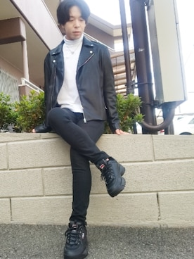 「tk.TAKEO KIKUCHI（ティーケータケオキクチ）のアイテム（ライダースジャケット）」を使った、湧さん（メンズ・166cm）の秋コーディネート