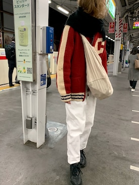 「カウチンセーター」｜「アイテム（デニムパンツ）」を使った、RIKUさん（メンズ・168cm）の冬コーディネート