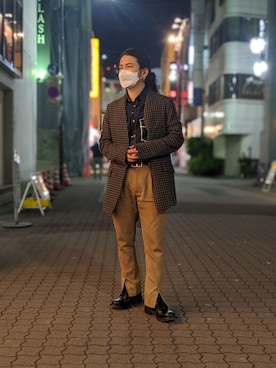 「ISAMU KATAYAMA BACKLASH（イサムカタヤマバックラッシュ）のアイテム（シューズ）」を使った、みねさん（メンズ・161cm）の冬コーディネート
