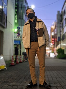 「ISAMU KATAYAMA BACKLASH（イサムカタヤマバックラッシュ）のアイテム（シューズ）」を使った、みねさん（メンズ・161cm）の冬コーディネート