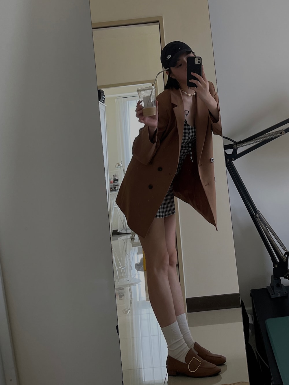 「ootd、春、spring、休閒、NIKE、GU、UNIQLO、SHEIN、D+af」｜「GUのアイテム（テーラードジャケット、ブラウン系）」を使った、H.S.U.A.Nさん（レディース・167cm）の春コーディネートの1枚目の写真