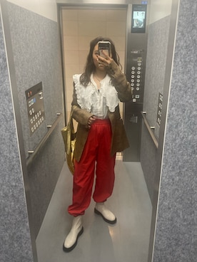 「アイテム（スウェットパンツ、レッド系）」を使った、Sさん（レディース・158cm）の夏コーディネート