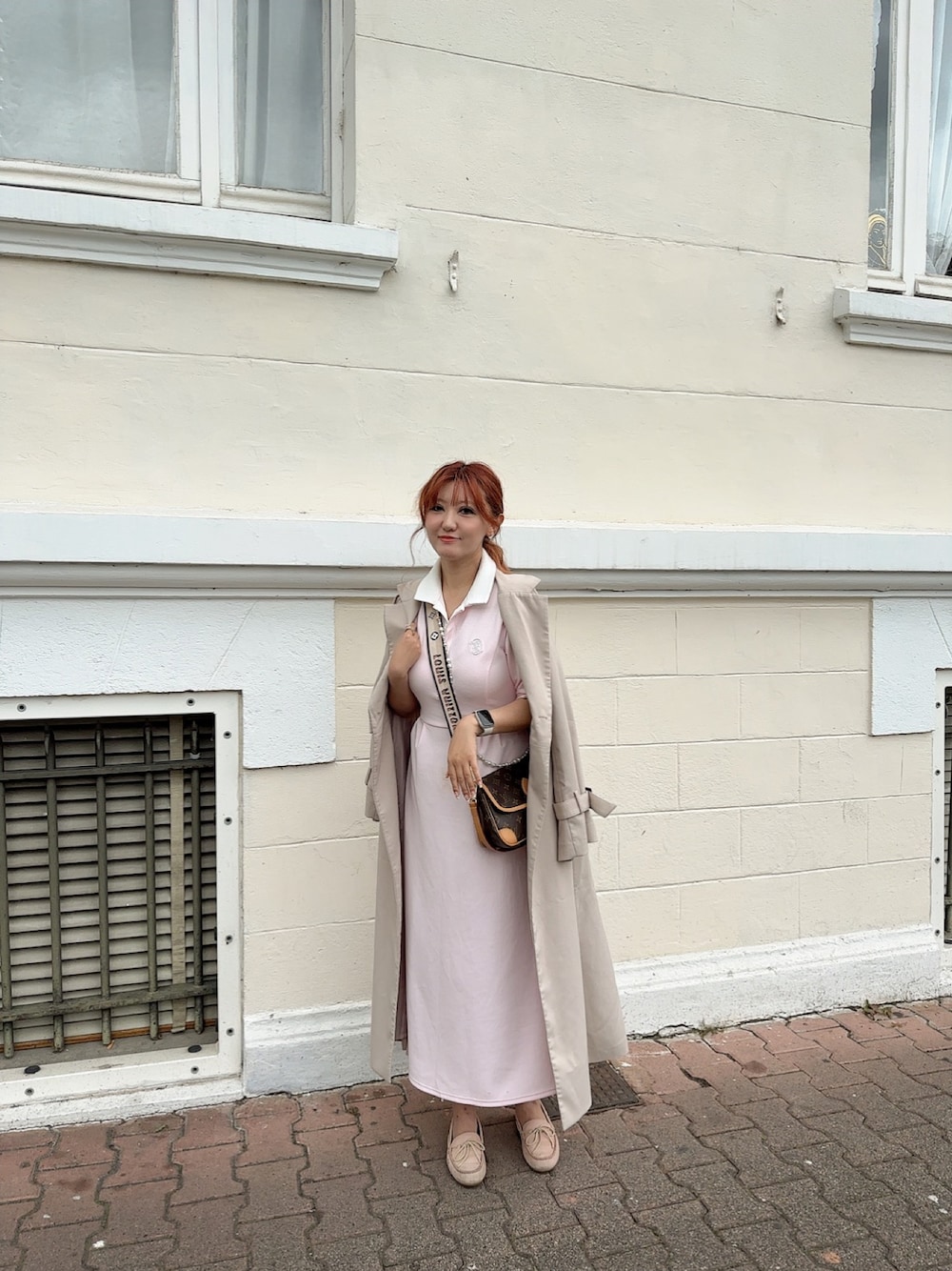 「オトナカワイイ、フランス旅行、大人女子、大人ガーリー」｜「Her lip toのPolo Tuck Flared Dress（ワンピース、ピンク系）」を使った、asuka0202さん（レディース・160cm）の夏コーディネートの1枚目の写真